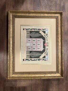 Bless Our Home Framed Art Print in Gold and Pink